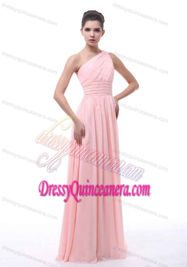 Low Price Ruched and Beaded One Shoulder Dama Dress in Light Pink