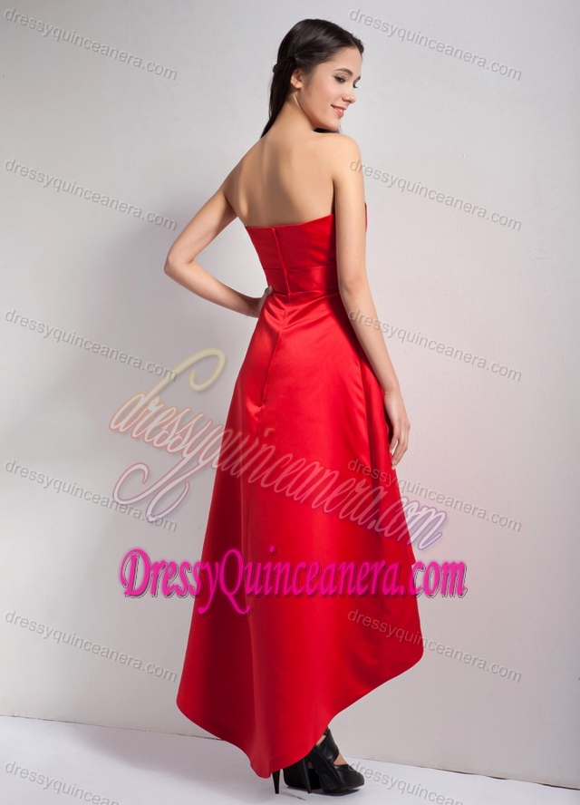 Red Strapless High Low Satin inexpensive Dama Dress with Appliques