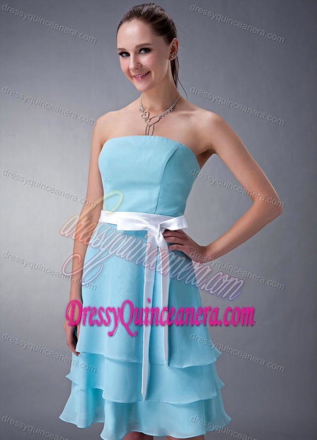 Sweet Strapless Aqua Blue Chiffon Dama Quinceanera Dresses with Sash
