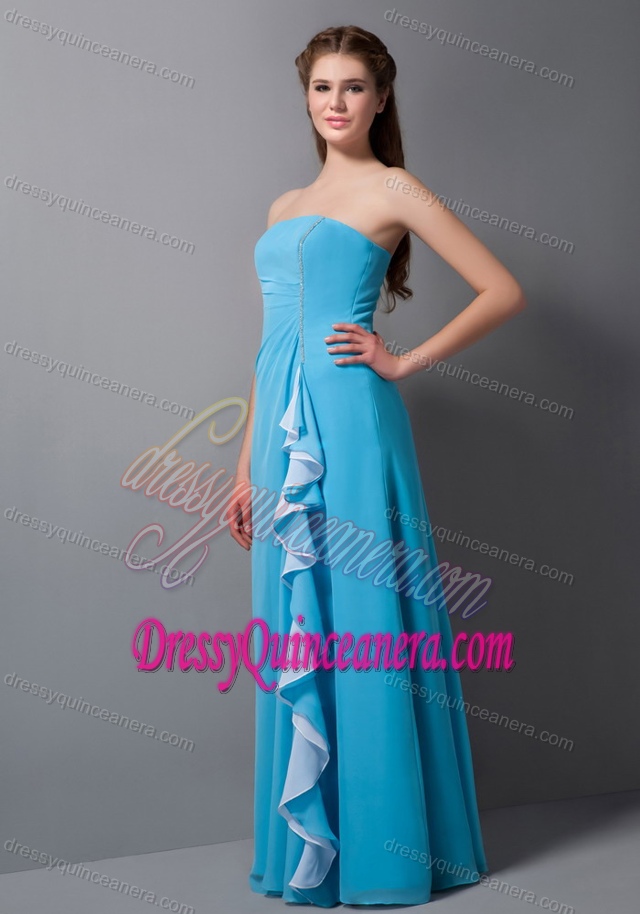 Fashionable Strapless Chiffon Beaded Aqua Dama Dress for Quinceaneras