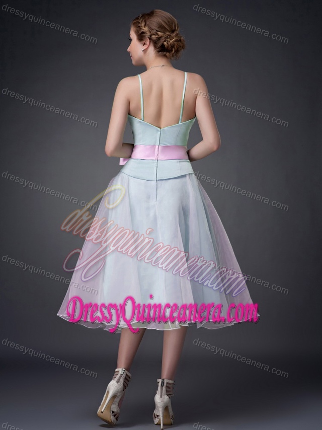 New Spaghetti Light Blue Short Dama Dress for Quinceanera with Bowknot