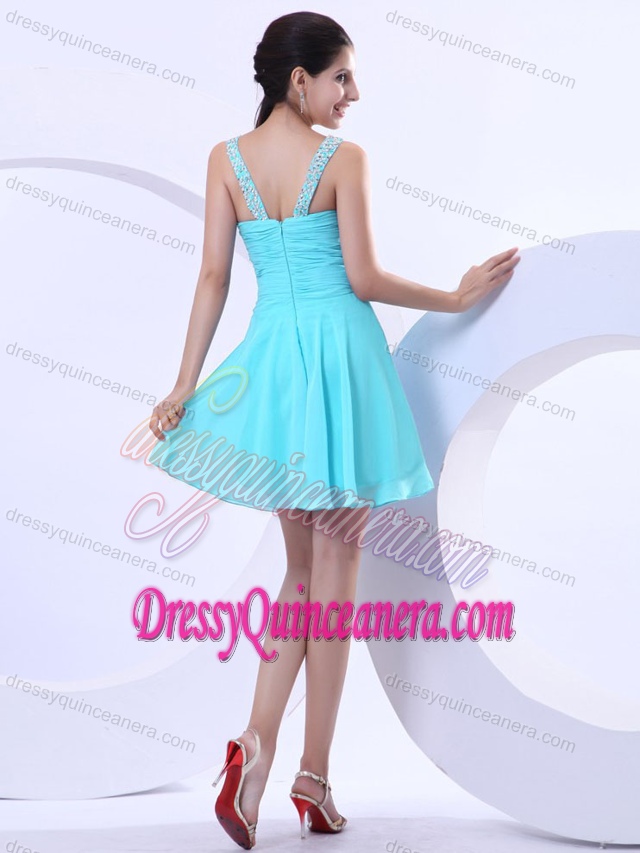 Aqua Blue Beaded V-neck Short Discount Dama Dresses for Quinceaneras