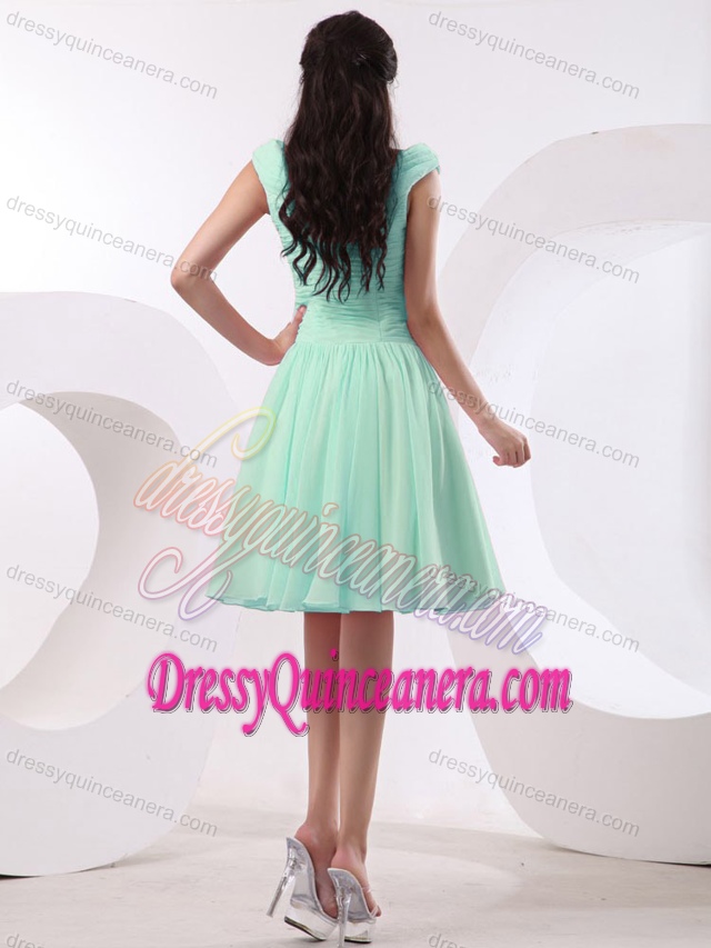 Impressive Bateau Apple Green Ruched Quinceanera Damas Dress for Fall