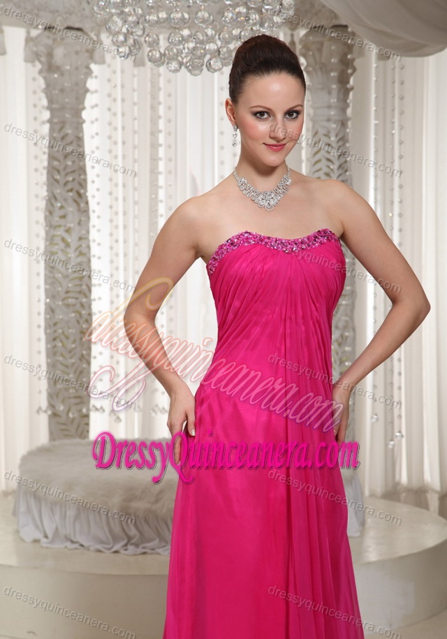 Romantic Strapless Hot Pink Ruched Dama Dress with Beading under 150
