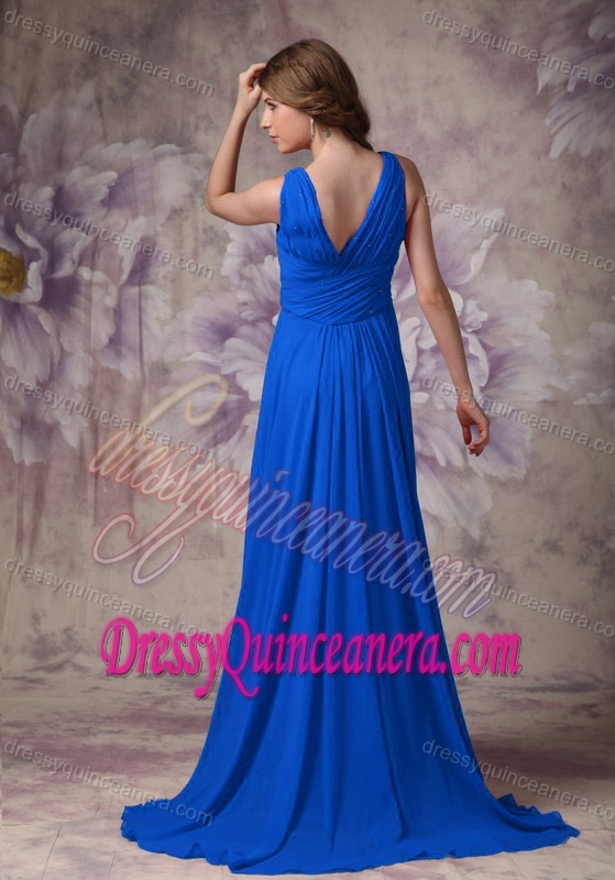 Blue V-neck Ruched and Beaded Chiffon Beautiful 16 Dresses for Damas