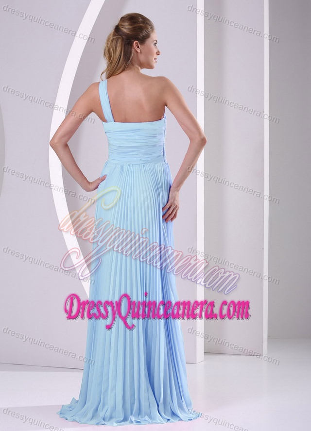 Baby Blue One Shoulder Brush Train Discount Dama Dresses with Pleats