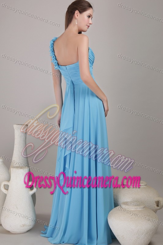 Baby Blue Floor-length Chiffon Ruched Popular Dama Quinceanera Dress