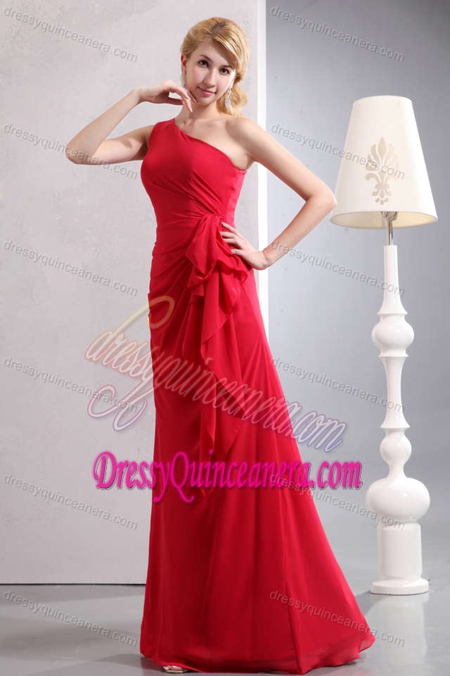 Red Column One Shoulder Chiffon Gorgeous Dress for Damas with Ruches