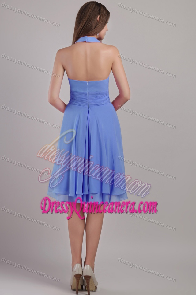 Discount Blue Chiffon Halter Top Knee-length Zipper-up Dress for Damas