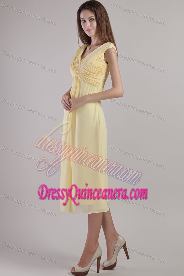 Elegant Light Yellow V-neck Ruched 16 Dresses for Damas for Summer