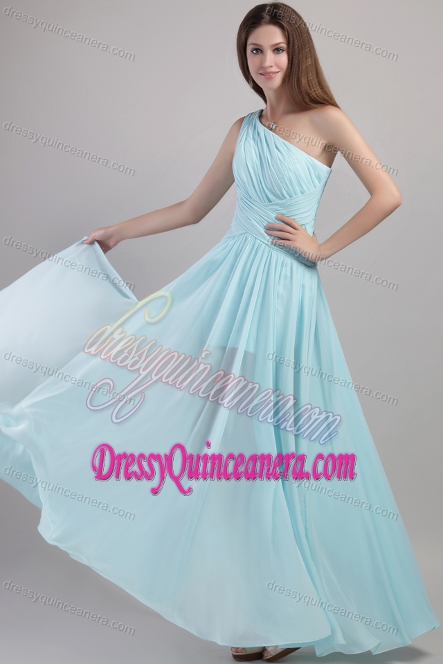 Light Blue Empire One Shoulder Ankle-length Ruched 2014 Dama Dress for Quinceanera