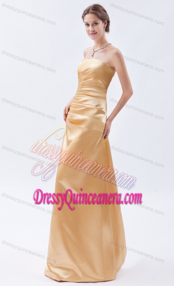 Modern Gold Column Strapless Ruched 2013 Dama Dress for Quince for Custom Made