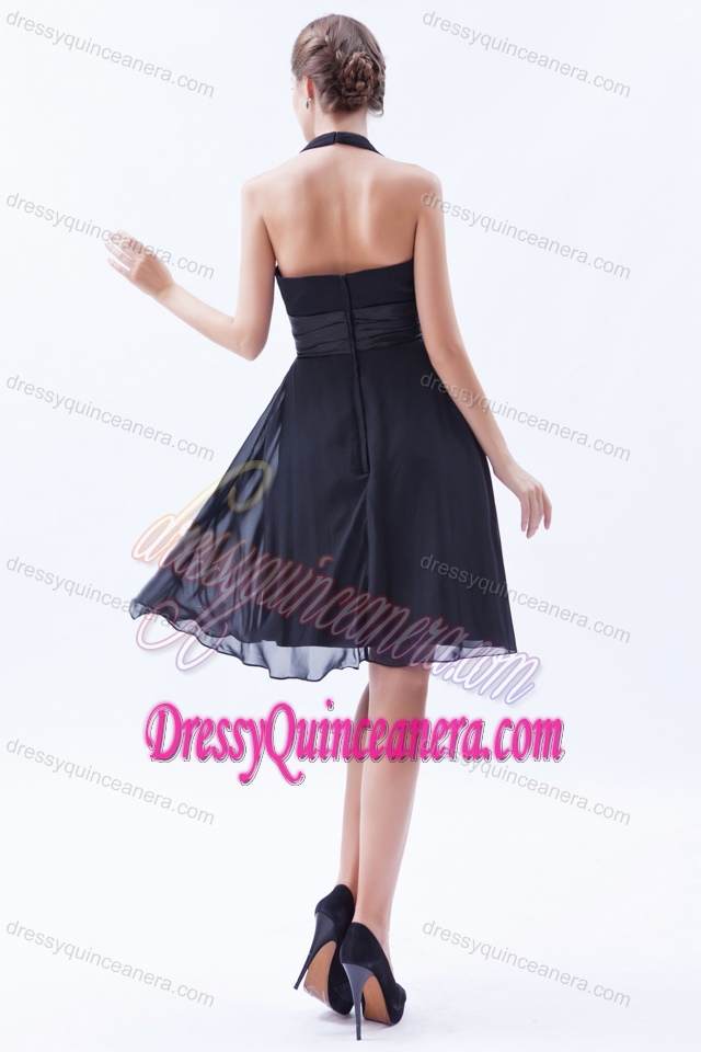 Black Empire Halter Top Knee-length Chiffon Ruched Dama Dress for Quince on Sale
