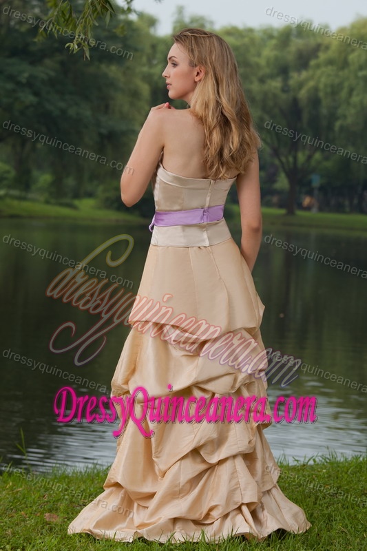 Popular Champagne Taffeta Dama Dress for Quince with Brush Train and Pick-ups