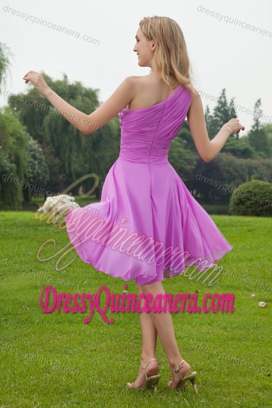 Lavender One Shoulder Knee-length Chiffon Ruched Dama Dress for Quince on Sale