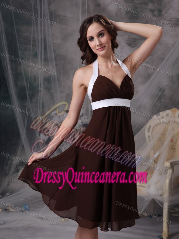 New Brown Column Halter Top Chiffon Ruched Knee-length Dama Dress