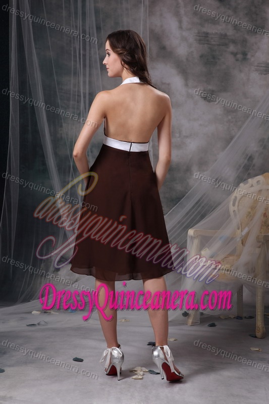 New Brown Column Halter Top Chiffon Ruched Knee-length Dama Dress