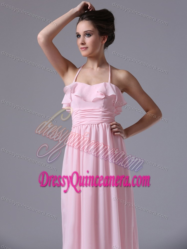 New Halter Top Pink Chiffon Column Dama Dress with Ruching for Cheap