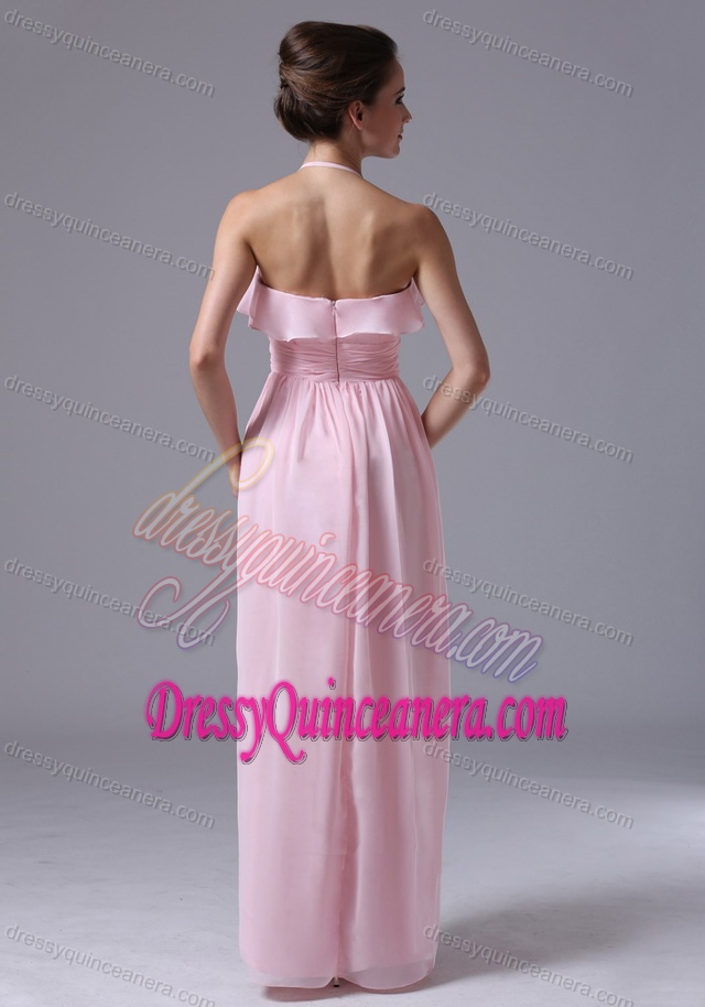 New Halter Top Pink Chiffon Column Dama Dress with Ruching for Cheap