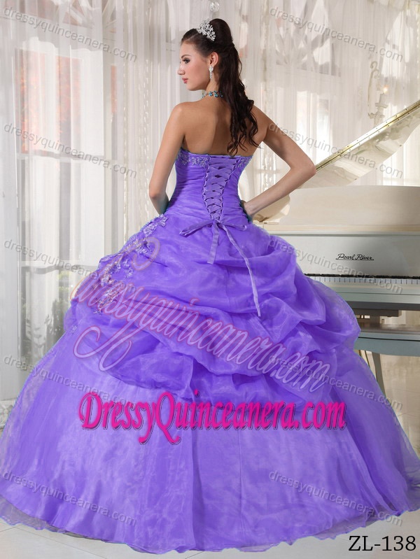 Strapless Organza Ball Gown Quince Dress with Appliques in Lavender