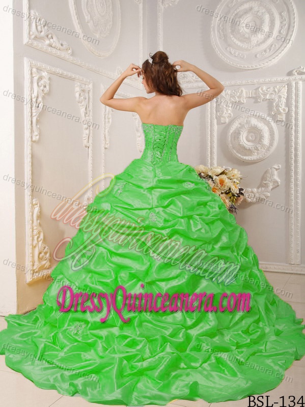 Affordable Spring Green Strapless Quinceaneras Dresses with Court
