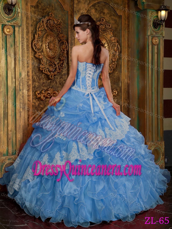 Discount Aqua Blue Ball Gown Strapless Quince Gowns with Ruffles