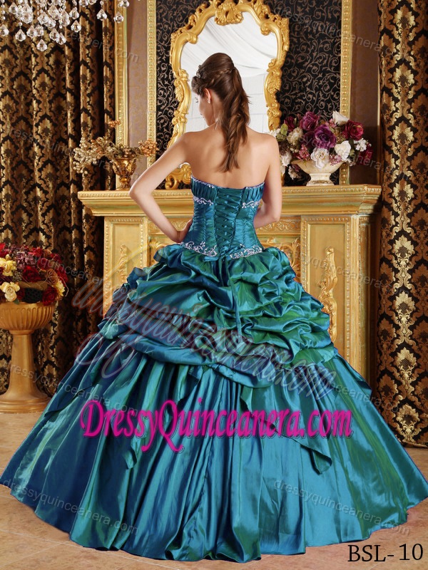 Strapless Cheap Taffeta Quinceaneras Dress in Teal with Embroidery