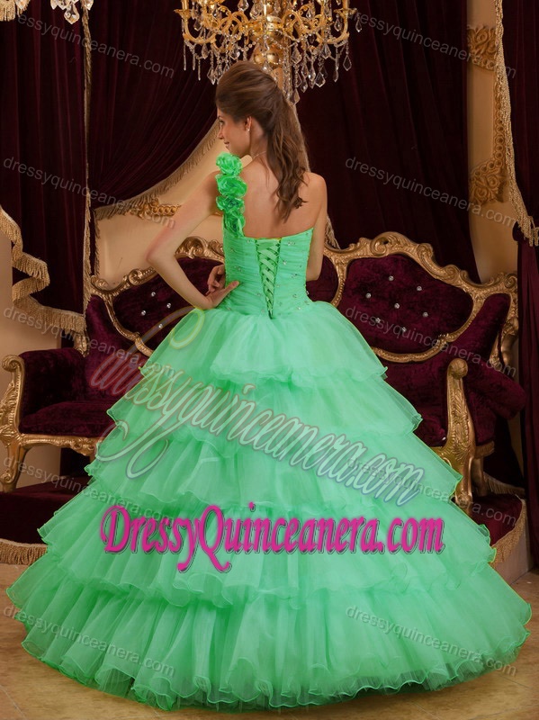 Apple Green Perfect Ruffled Quinceanera Dresses with One Shoulder