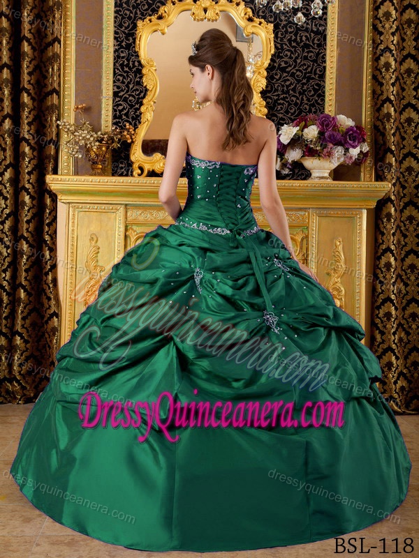 Green Strapless Appliqued Taffeta Lovely Ball Gown Sweet 16 Dresses
