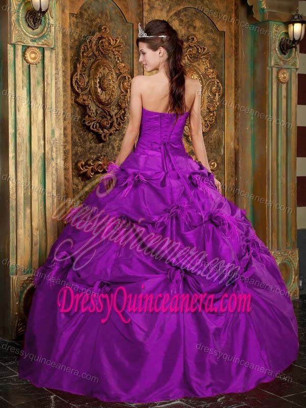 Strapless Taffeta Low Price Quinceaneras Dress with Flowers in Purple