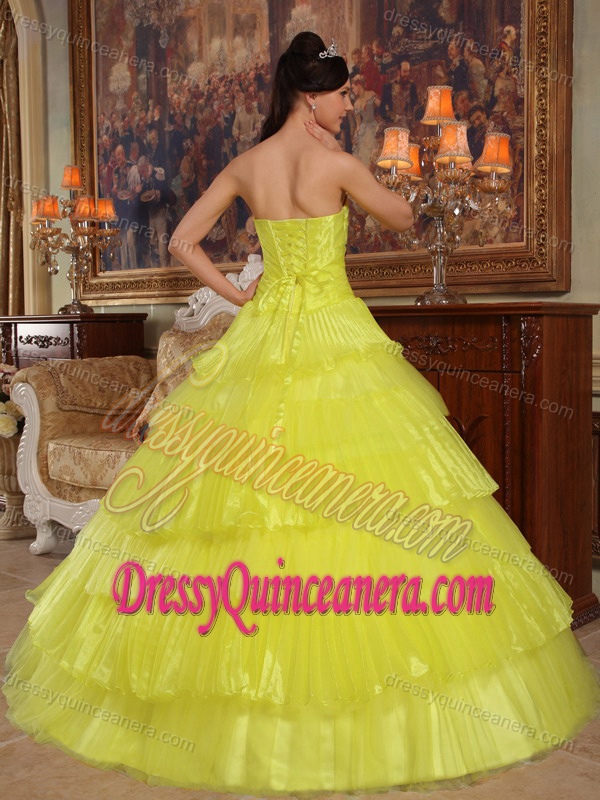 Yellow Ball Gown Strapless Discount Quince Gowns with Appliques