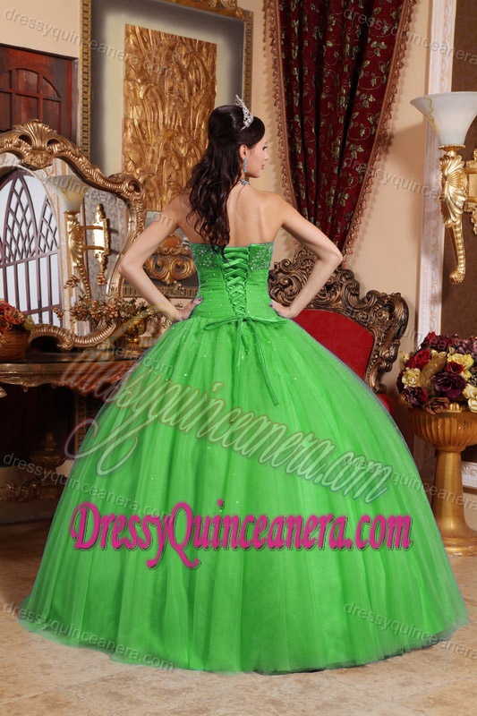 Green Strapless Beaded Quinceanera Dress with Embroidery Made in Tulle