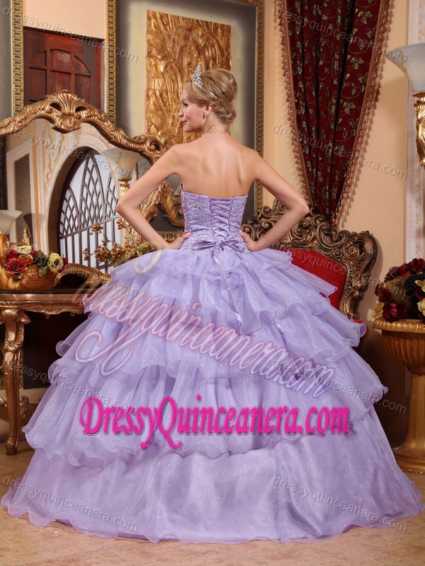 Lilac Strapless Organza Quinceanera Dresses with Beading and Ruffles