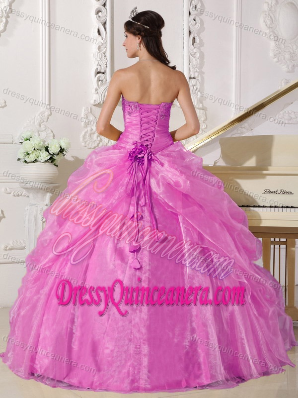 Rose Pink Strapless Organza Quinceanera formal Dresses with Embroidery