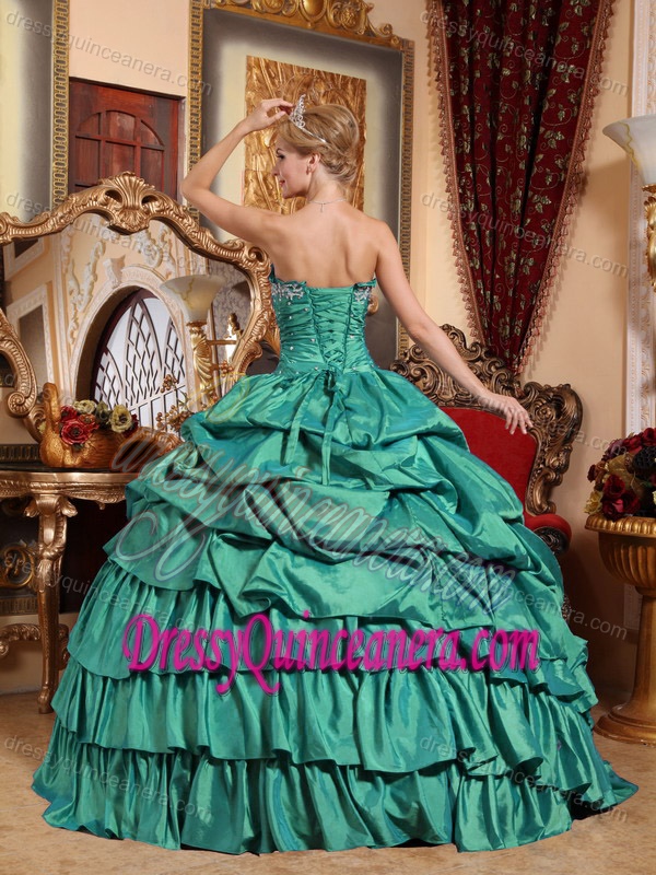 Turquoise Strapless Appliqued Dress for Quince with Pick Ups in Taffeta