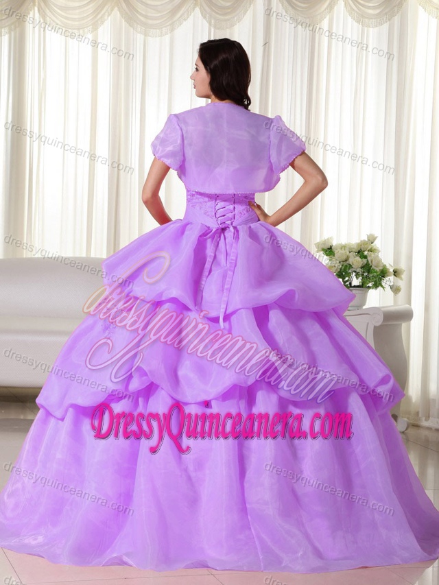 Lavender Strapless Quinceanera Dress in Organza with Hand Made Flowers