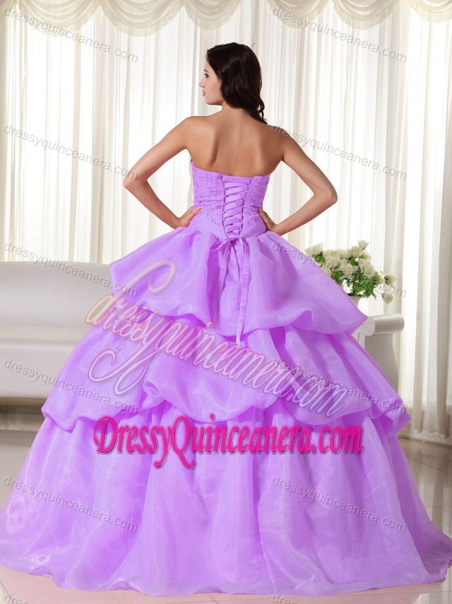 Lavender Strapless Quinceanera Dress in Organza with Hand Made Flowers