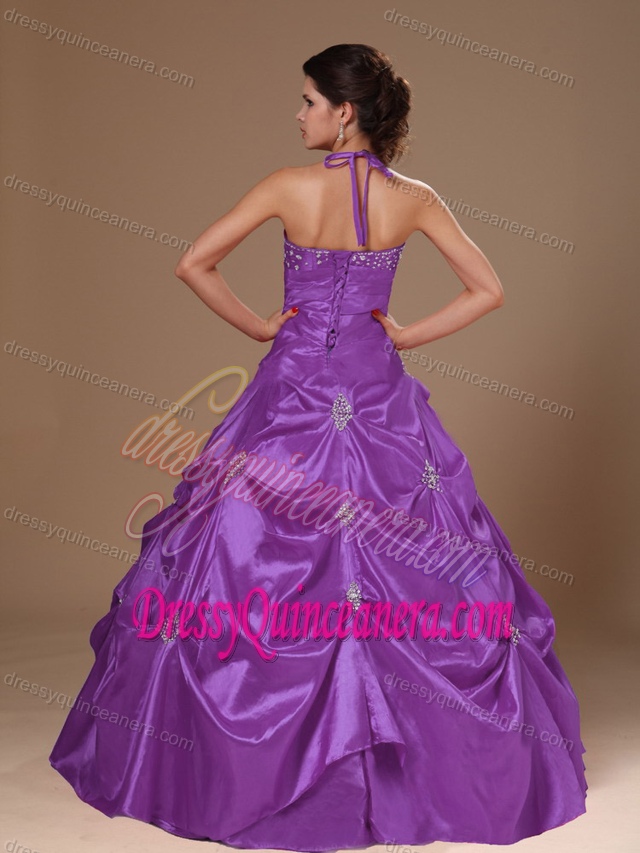 Halter Top Purple Taffeta Quinceanera Dress with Pick-ups and Beading
