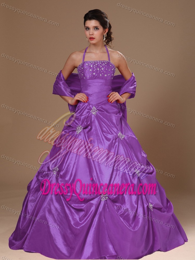 Halter Top Purple Taffeta Quinceanera Dress with Pick-ups and Beading
