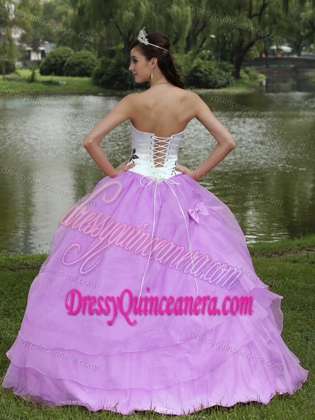 Embroidery Strapless Lavender Quinceanera Dress with Bowknot in Organza