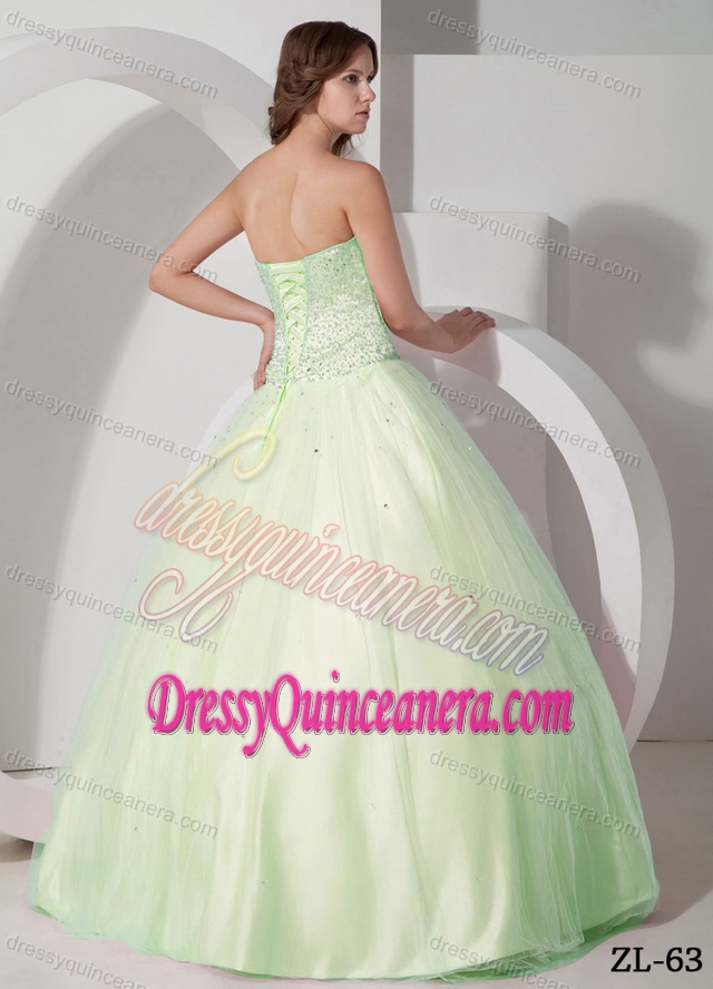Light Green Floor-length Tulle Ball Gown Beading Quinceanera Dress