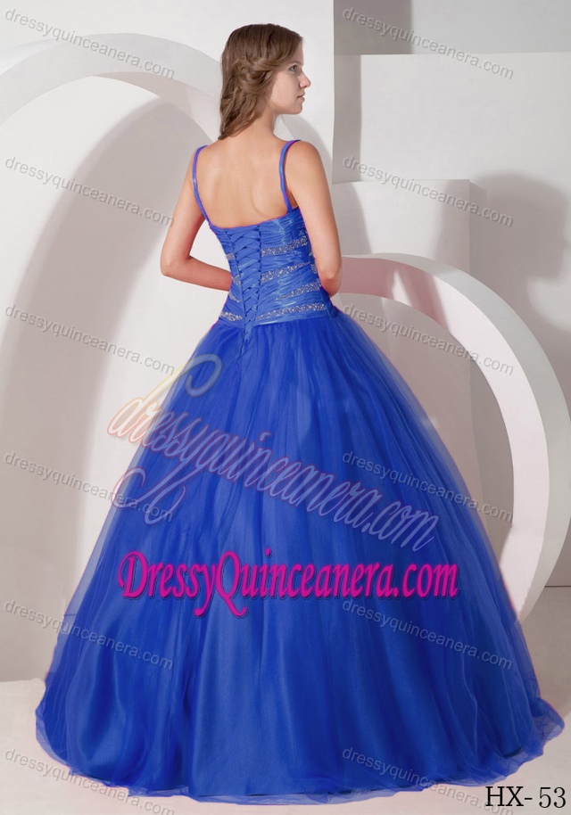Royal Blue Spaghetti Straps Floor-length Tulle Quinceanera Gowns