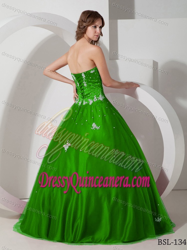 Green Tulle Appliques Floor-length Quincianera Dress with Beading