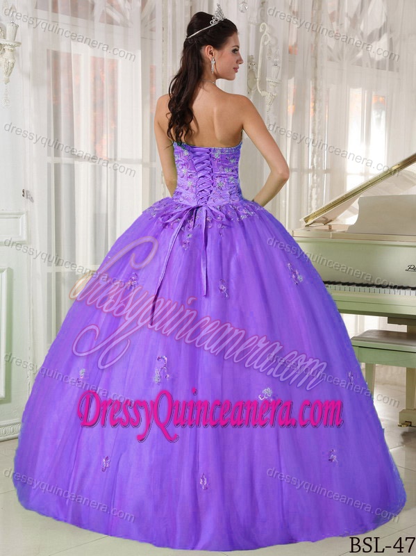 Purple Appliques Strapless Taffeta Ball Gown Dress for Quinceaners