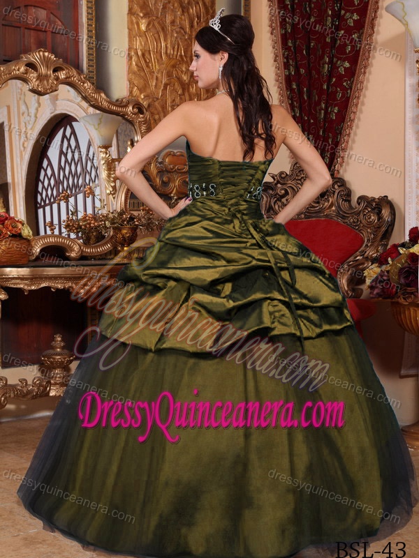 Olive Green Strapless Taffeta Beading Pick-ups Quinceanera Dress