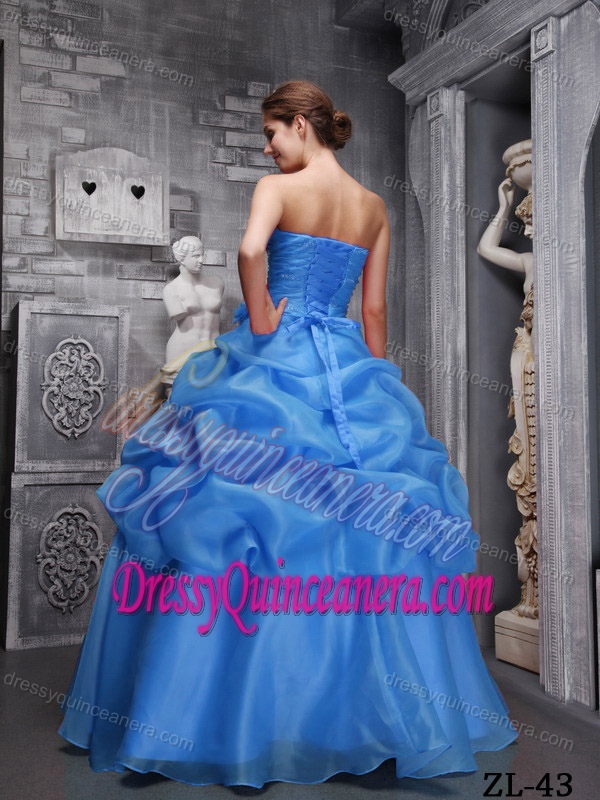 2014 Blue Ball Gown Ruche Organza Floor-length Quinceanera Gowns