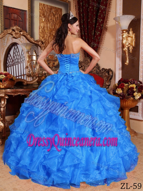 2013 Blue Ball Gown Beading Floor-length Organza Quinceanera Gowns