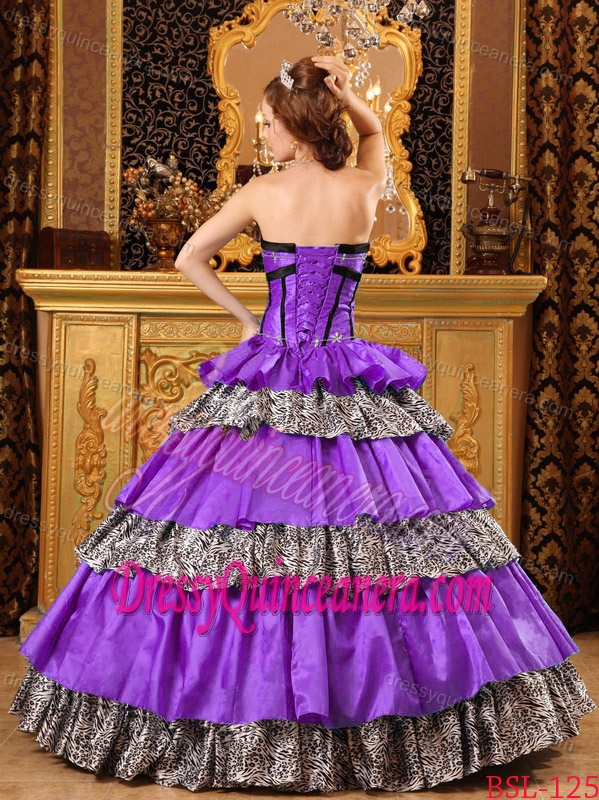 Purple Floor-length Ruffle Layers Leopard Print Quinceanera Gown