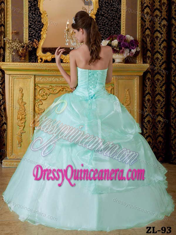 Strapless Apple Green Organza Ruche Quinceanera Gown with Beading