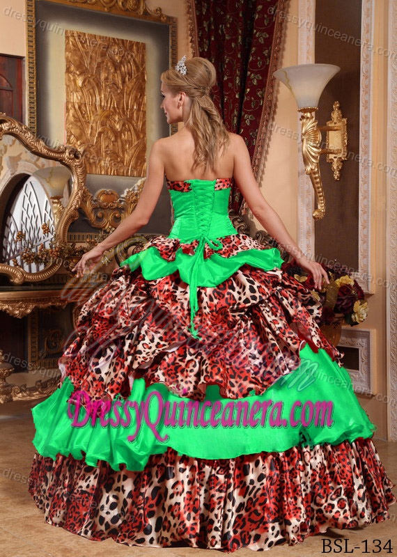 Green Pick-ups Leopard Print Taffeta Strapless Quinceanera Gown